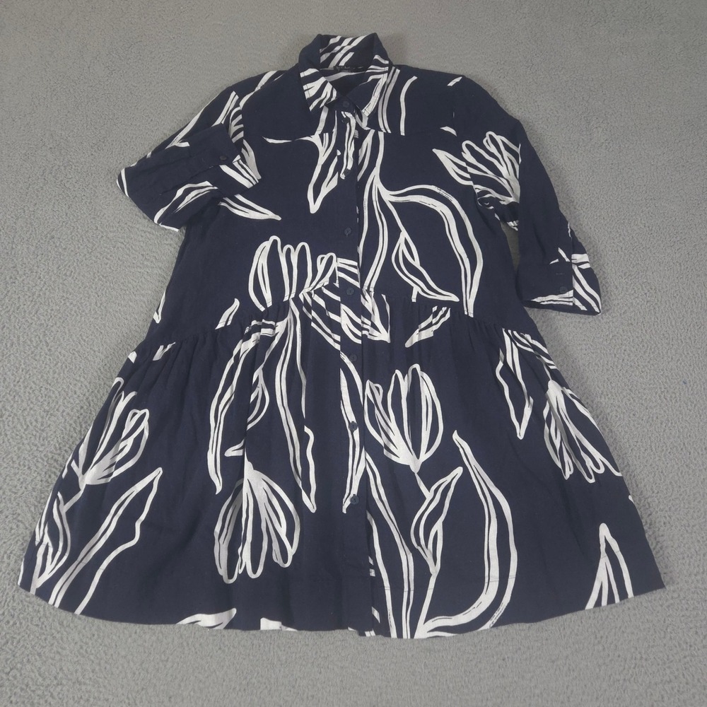 Nicole Miller Dress Womens Medium Navy Floral Linen Blend Button Mini Tiered